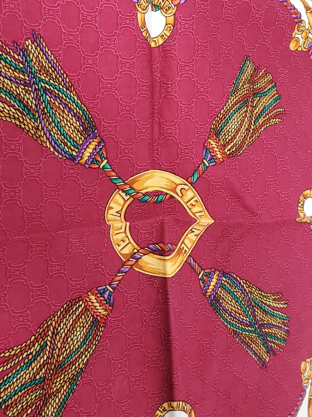 Celine White and Wine Red Silk Scarf with Gold Chain & Multicolor Tassels - Picture 5 of 6